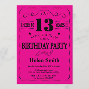 13.ª invitación a los cumpleaños negro y rosado ca