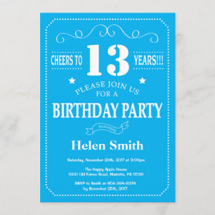 13.ª invitación de cumpleaños azul y blanco