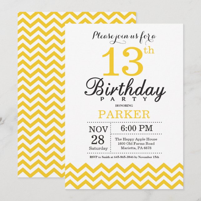 13.ª invitación de cumpleaños Chevron amarillo (Anverso / Reverso)
