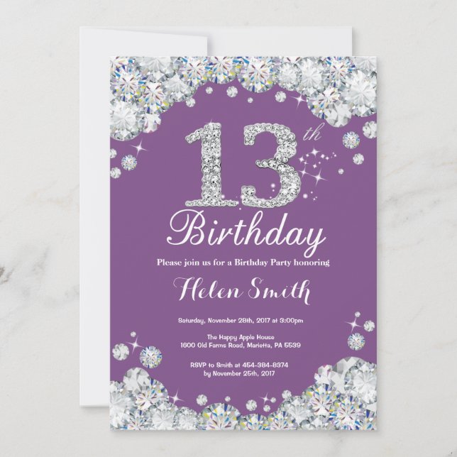 13.ª invitación de cumpleaños Diamante morado y pl (Anverso)