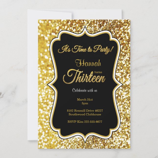 13.ª invitación de cumpleaños en negro y oro (Anverso)