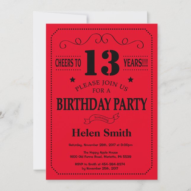 13.ª invitación de cumpleaños negro y rojo (Anverso)