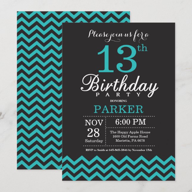 13.ª invitación de cumpleaños negro y Verde azulad (Anverso / Reverso)