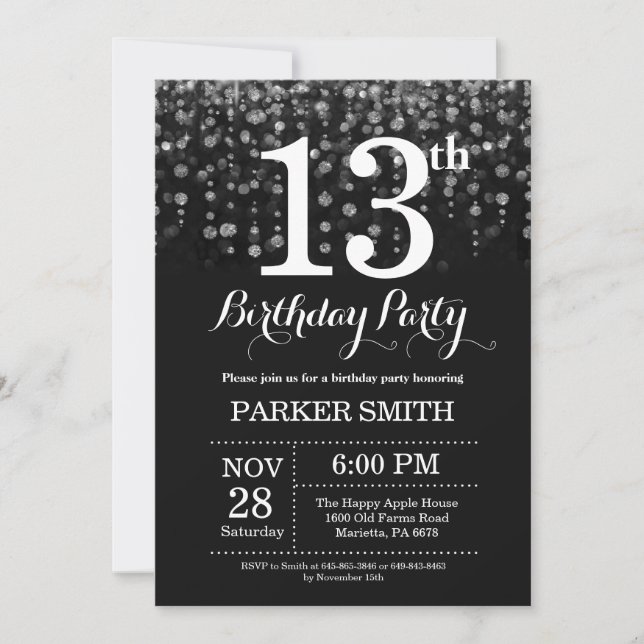 13.ª invitación de cumpleaños Purpurina de plata (Anverso)