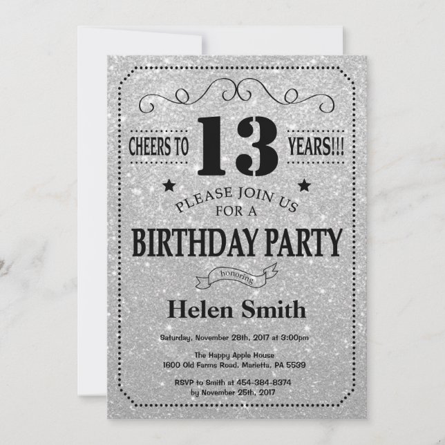 13.ª invitación de cumpleaños Purpurina negro y pl (Anverso)
