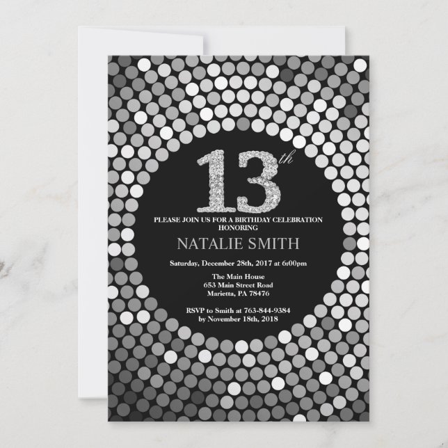 13.ª invitación de cumpleaños Purpurina negro y pl (Anverso)
