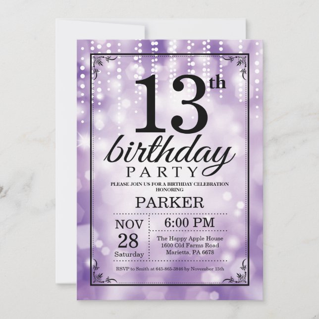 13.ª invitación de cumpleaños Purpurina púrpura (Anverso)