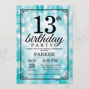 13.ª invitación de cumpleaños Purpurina Verde azul