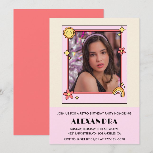 13.ª invitación de cumpleaños Retro Groovy Floral  (Anverso / Reverso)