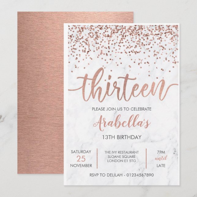 13.ª invitación rosada con Rosa de oro de mármol (Anverso / Reverso)