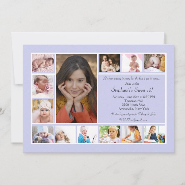 13 Invitación a foto azul vertical de Collage de f (Anverso)