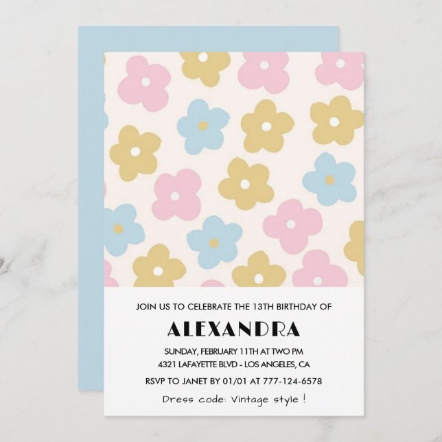 13 invitaciones de cumpleaños Chica Floral Rosa Az (Anverso / Reverso)