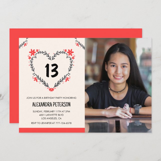 13 invitaciones de cumpleaños para su Floral Heart (Anverso / Reverso)