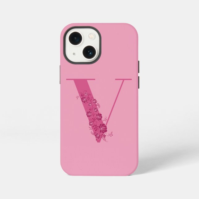13 Mini Funda para iPhone con letra V floral rosa monogram (Reverso )