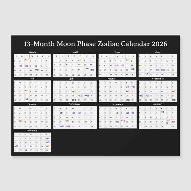 13-Month Moon Phase Zodiac 2026 Calendar (Anverso)