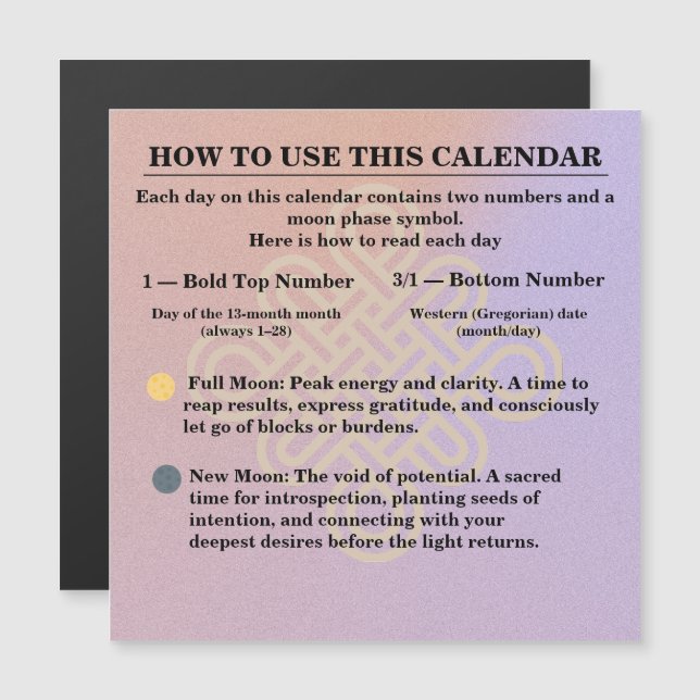 13-Month Moon Phase Zodiac instructions Calendar (Anverso/Reverso)