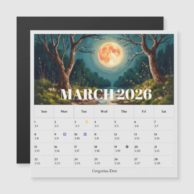 13-Month Moon Phase Zodiac March Calendar (Anverso/Reverso)