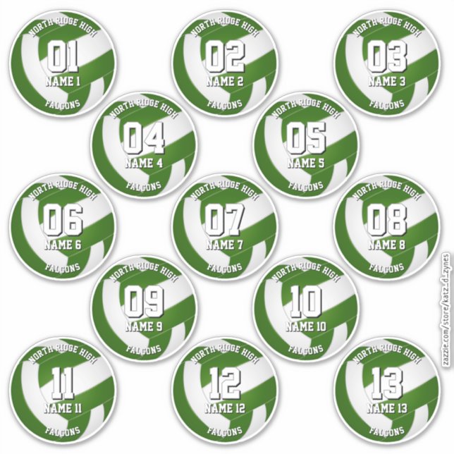 13 pegatinas de voleibol verdes, una para cada atl (Anverso)