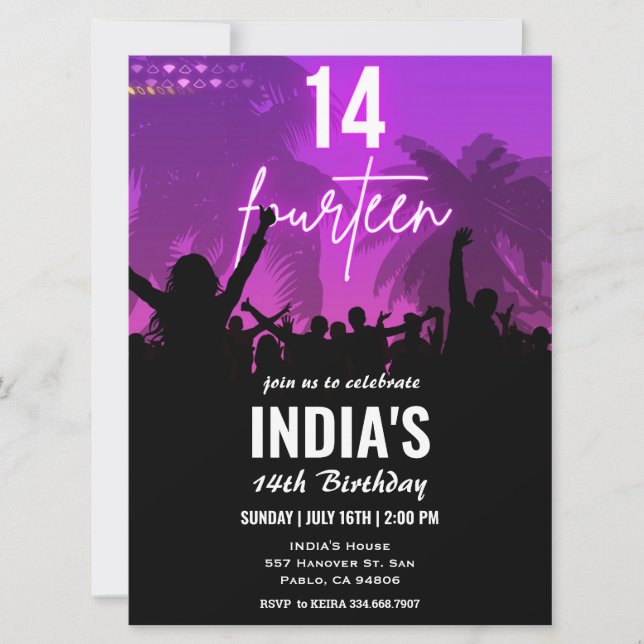 14.ª fiesta de cumpleaños Invitación a Neón Rosa (Anverso)