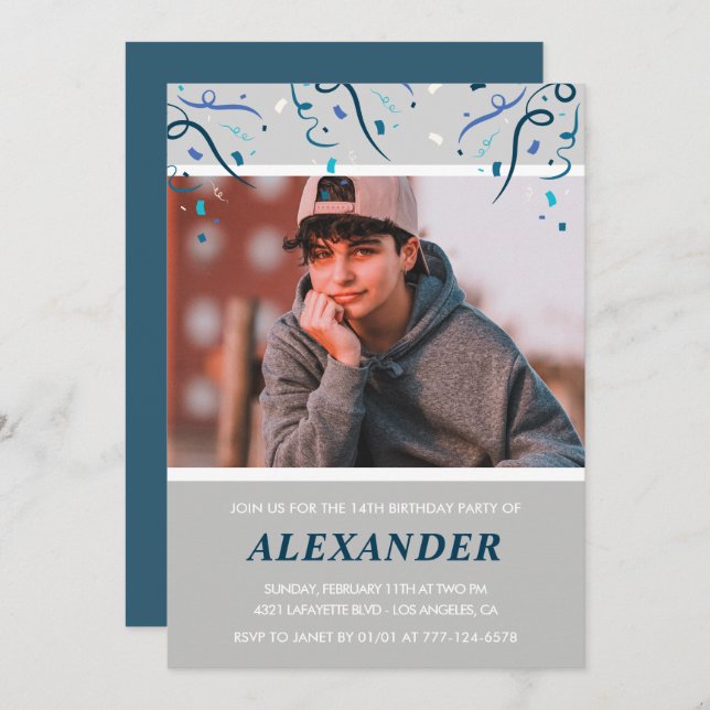 14 años invitaciones niño Confetti Photo Blue (Anverso / Reverso)