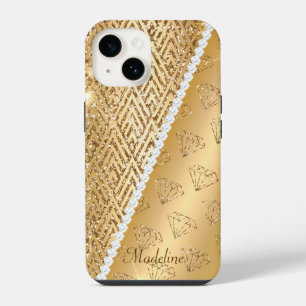 14 Falso oro y diamantes Funda dura para iPhone 14, b