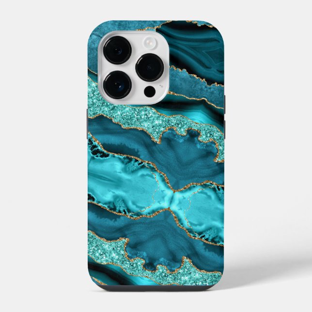 14 Pro Funda para iPhone azul turquesa dorado brillo (Reverso )