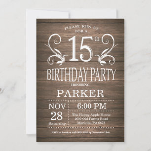 15.ª invitación a cumpleaños Floral de madera rúst