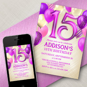 15.ª invitación a los globos rosados de cumpleaños