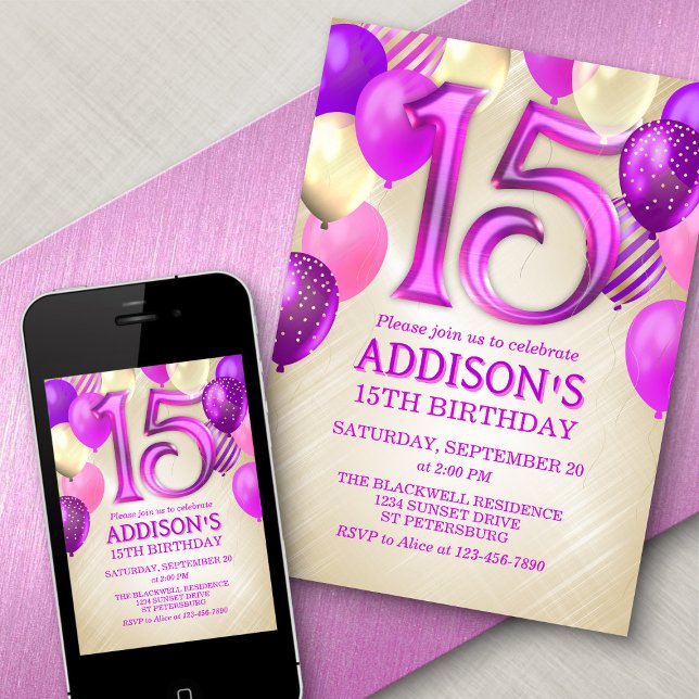 15.ª invitación a los globos rosados de cumpleaños (Subido por el creador)