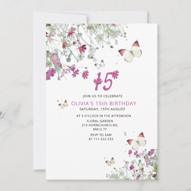 15.ª invitación al cumpleaños de las mariposas púr (Anverso)