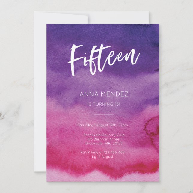 15.ª invitación de cumpleaños acuarela rosa morada (Anverso)