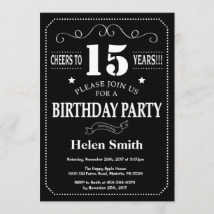 15.ª invitación de cumpleaños Cartón blanco negro