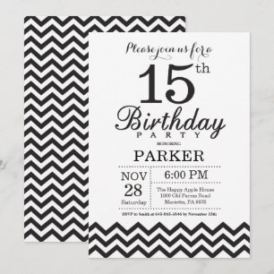 15.ª invitación de cumpleaños Chevron blanco y neg