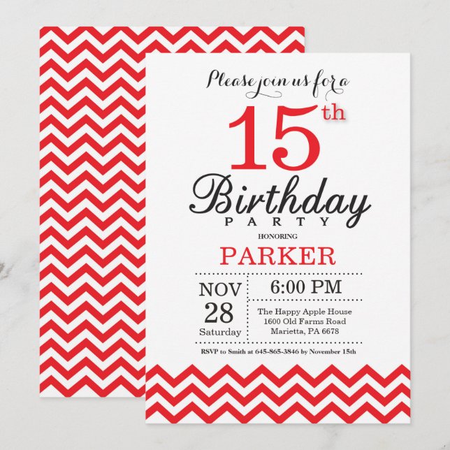 15.ª invitación de cumpleaños Chevron Rojo (Anverso / Reverso)