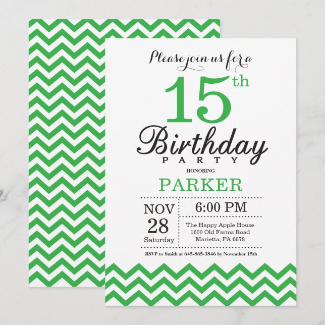 15.ª invitación de cumpleaños Chevron verde (Anverso / Reverso)