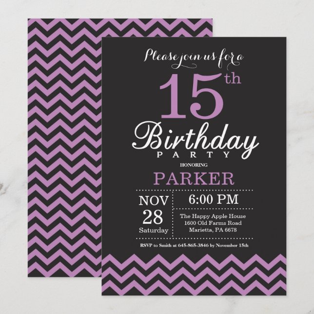 15.ª invitación de cumpleaños negro y morado (Anverso / Reverso)