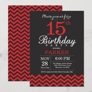 15.ª invitación de cumpleaños negro y rojo