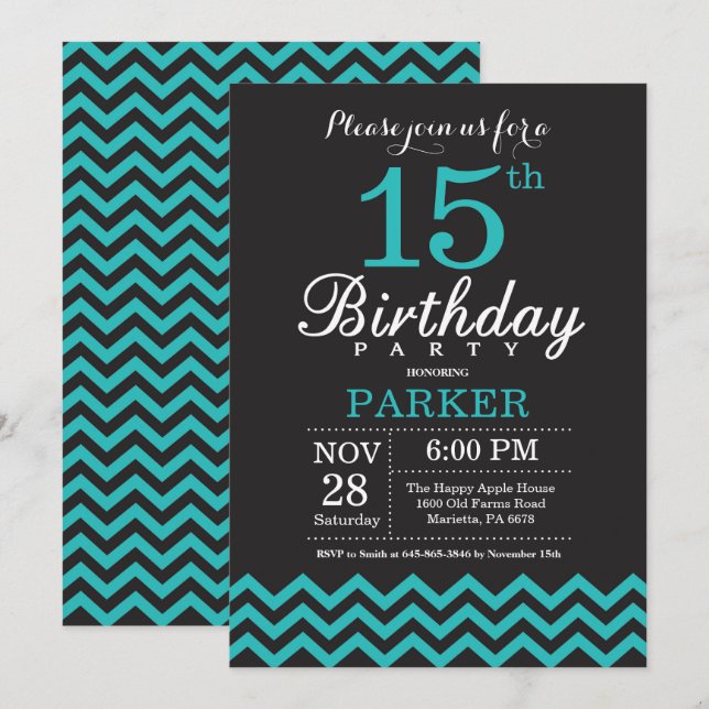 15.ª invitación de cumpleaños negro y Verde azulad (Anverso / Reverso)