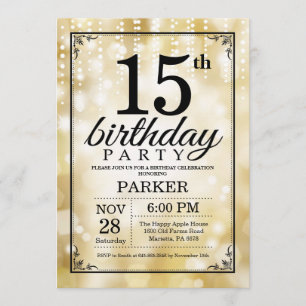 15.ª invitación de cumpleaños Purpurina de oro