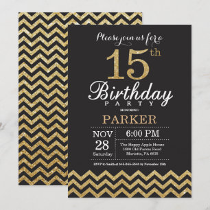 15.ª invitación de cumpleaños Purpurina negro y or