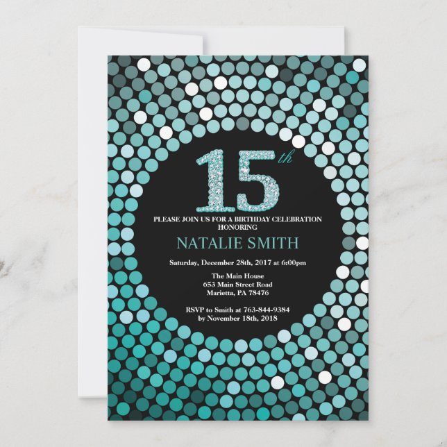 15.ª invitación de cumpleaños Purpurina negro y Ve (Anverso)