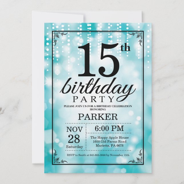 15.ª invitación de cumpleaños Purpurina Verde azul (Anverso)