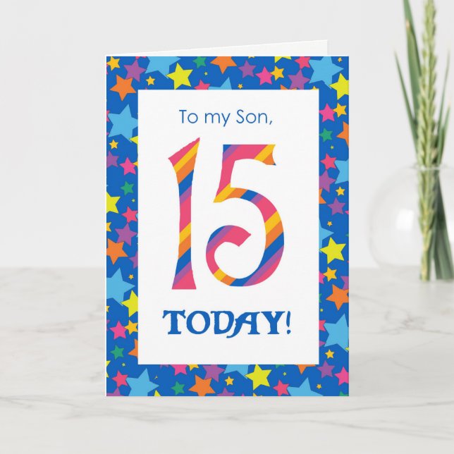 15.ª tarjeta de cumpleaños para un hijo, rayas y e (Anverso)