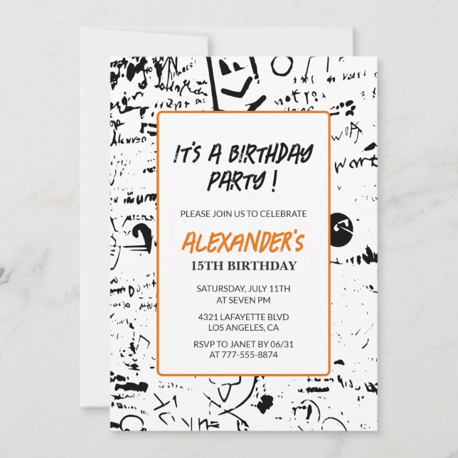 15 invitaciones de cumpleaños Hombres Graffiti Fie (Anverso)