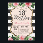 16ª Invitación de cumpleaños. Negro dorado rosa fl<br><div class="desc">Invitación de cumpleaños 16 para adolescente,  señora. Dulce Dieciséis. Invitación a la fiesta de cumpleaños negro y oro.Brillantina dorada. Flor floral color agua rosa. Bandas blancas y negras. Digital Imprimible.
Para más personalización,  haga clic en el botón "Personalizar" y utilice nuestra herramienta de diseño para modificar esta plantilla.</div>