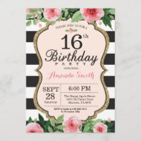16ª Invitación de cumpleaños. Negro dorado rosa fl