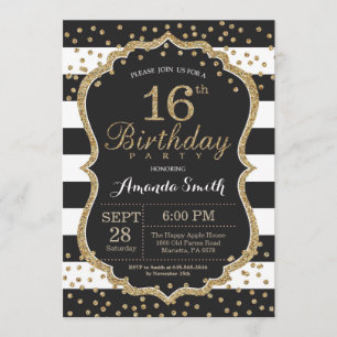16ª Invitación de cumpleaños. Purpurina negro y or