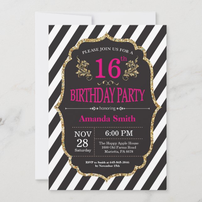 16ª Invitación de cumpleaños. Purpurina negro y or (Anverso)
