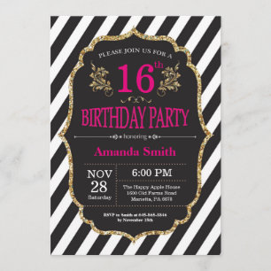16ª Invitación de cumpleaños. Purpurina negro y or