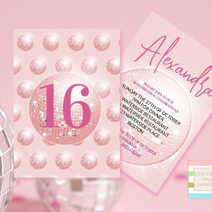 16.ª Discoteca Ball Invitación al cumpleaños rosad